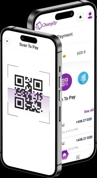 شاشة البطاقات المدفوعة مسبقاً لتطبيق Chargily للجوال تعرض الرصيد المتاح، فئات البطاقات، خيارات للبطاقات المدفوعة مسبقاً المختلفة، وقائمة بعمليات شراء البطاقات الأخيرة بالمبالغ بالدينار الجزائري.