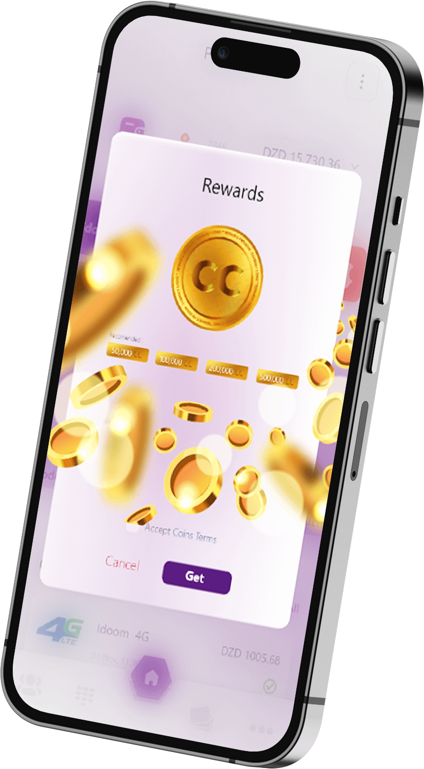Chargily app interface on a mobile phone displaying the rewards section with golden coins and options to redeem points.