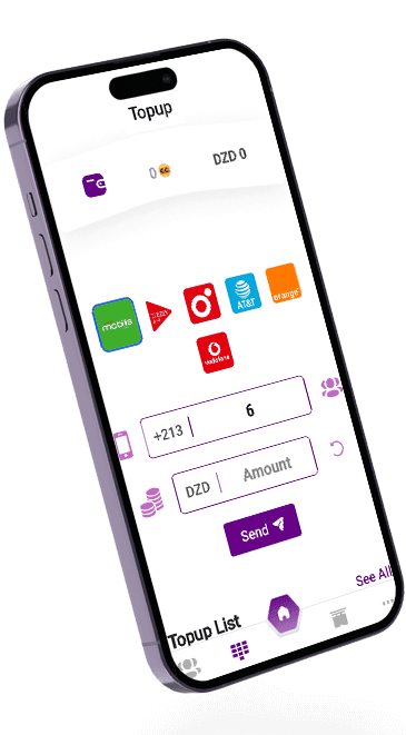 Mobile app interface for Chargily, showcasing the Mobilis top-up feature for seamless mobile recharging