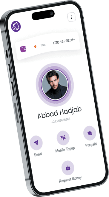 Chargily app interface on a mobile phone showing user profile with options for sending money, mobile top-up, prepaid services, and requesting money.