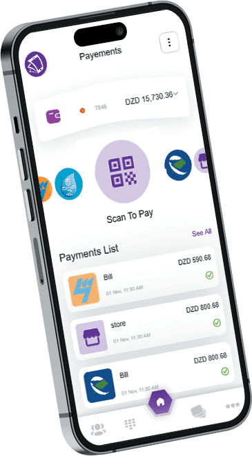 Chargily mobile app scan to pay screen displaying available balance balance, scan-to-pay options, and transaction list.
