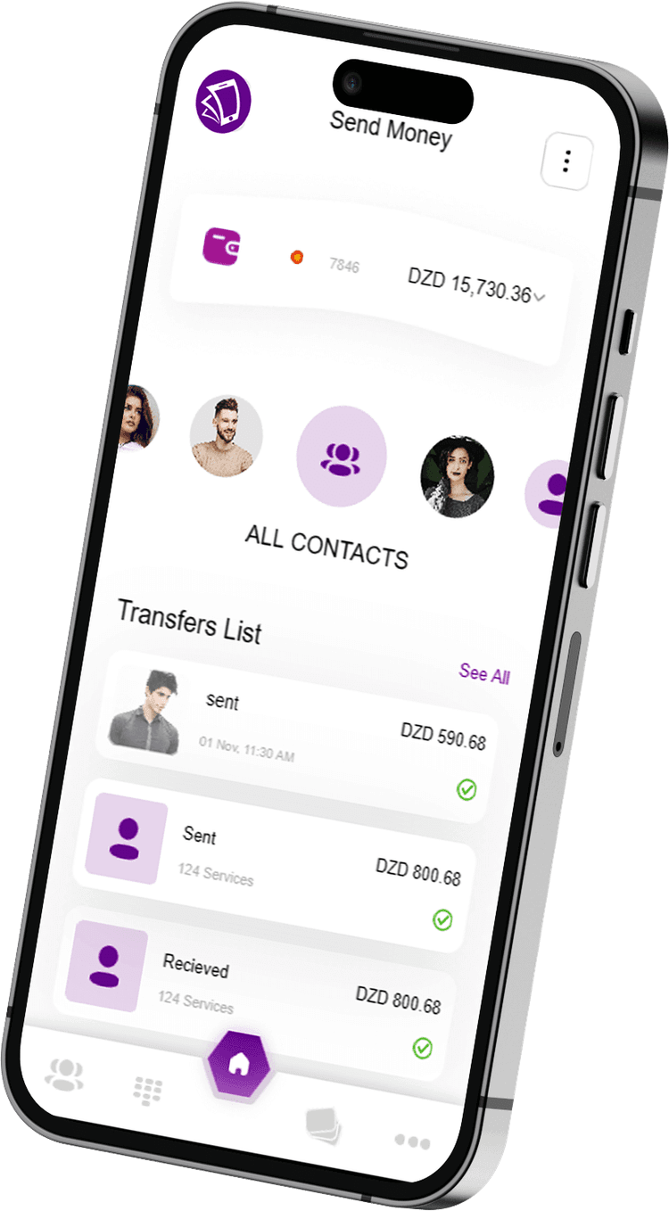 Chargily mobile app interface on a mobile phone showing options to send money, contact list, and recent transaction history.