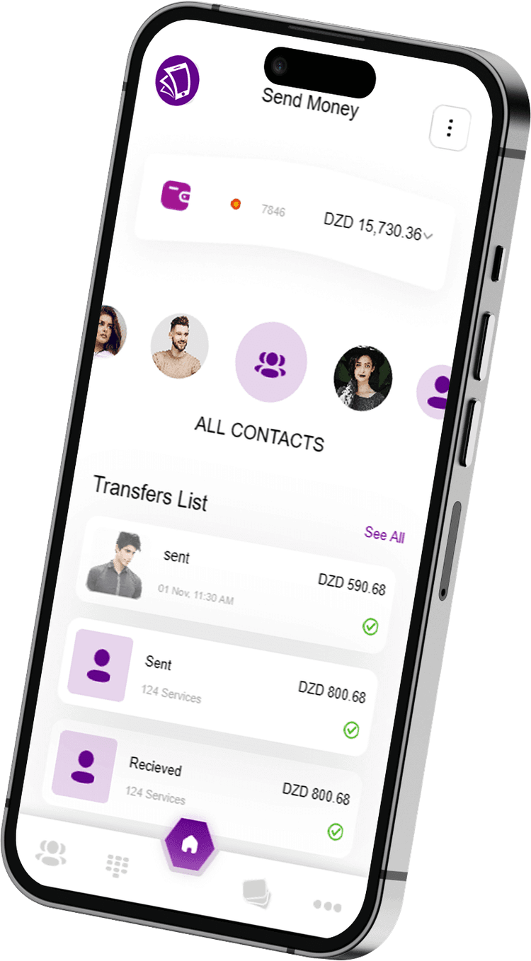 Interface de l'application mobile Chargily sur un téléphone portable affichant les options pour envoyer de l'argent, la liste des contacts et l'historique des transactions récentes.