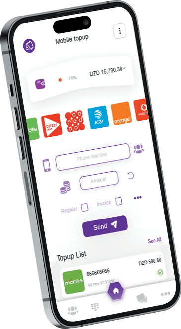 Chargily mobile app top-up screen showing available balance, mobile operators' logos, phone number and amount input fields, and recent top-up transactions with DZD amounts.