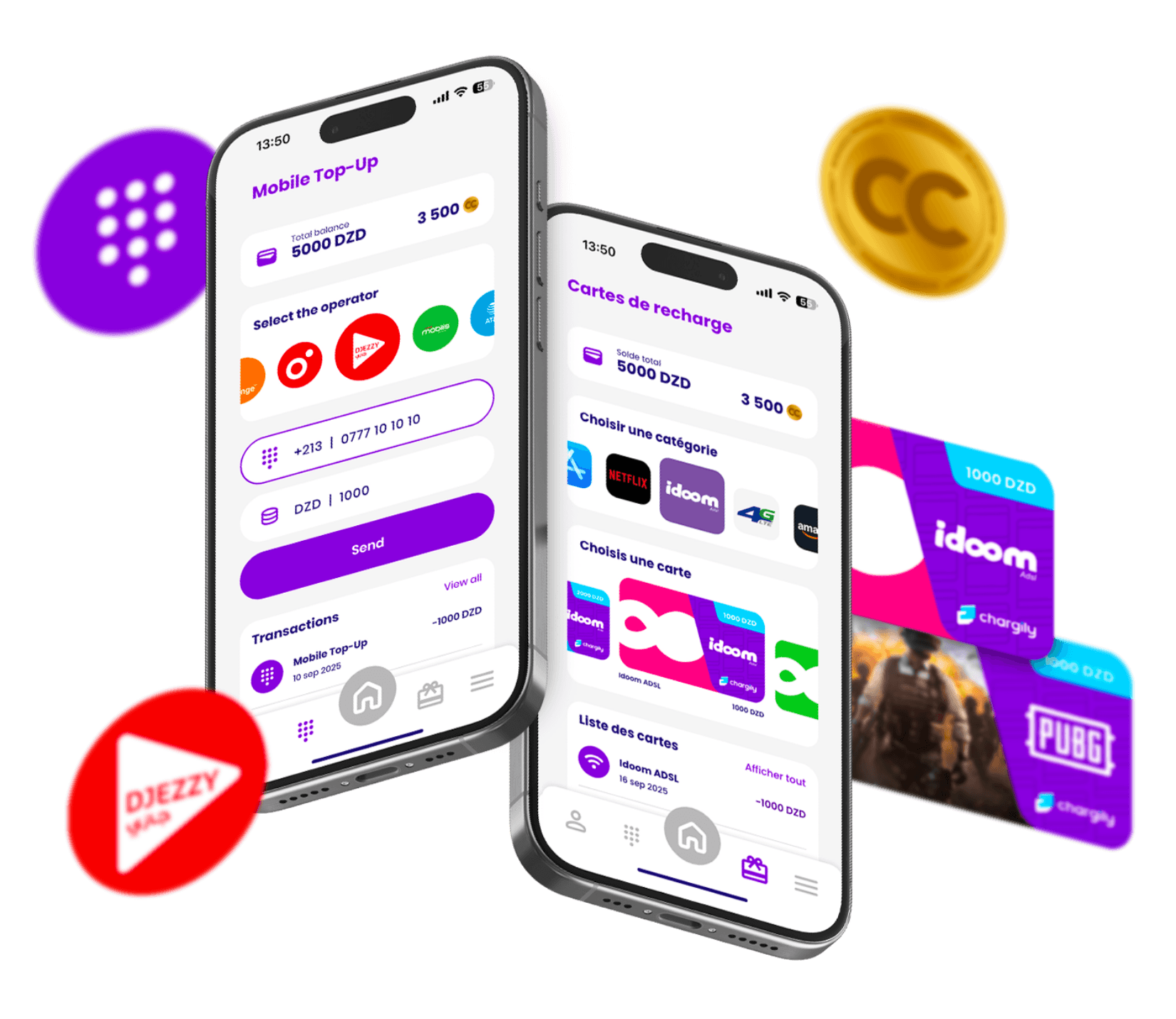 هاتفان يعرضان شاشتي تعبئة الرصيد وبطاقات الشحن في تطبيق Chargily، تحيط بهما بطاقات جازي وإيدوم وPUBG