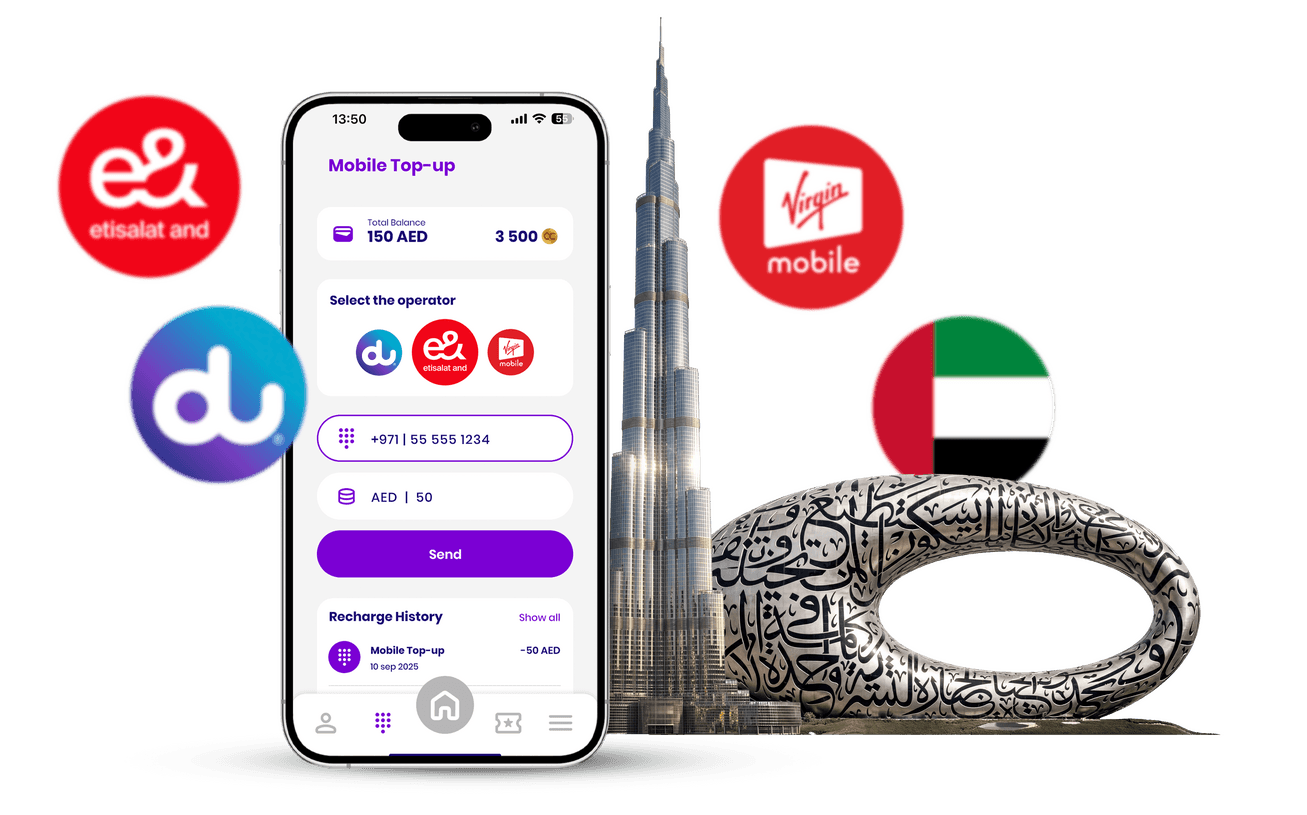 تطبيق شارجيلي للمحفظة الرقمية في الإمارات العربية المتحدة يعرض خدمات شحن رصيد الهاتف المحمول والدفع مع اتصالات ودو وفيرجن موبايل الإمارات، وهو محفظة رقمية للتكنولوجيا المالية للدفع الآمن وإعادة شحن الرصيد بالدرهم الإماراتي.