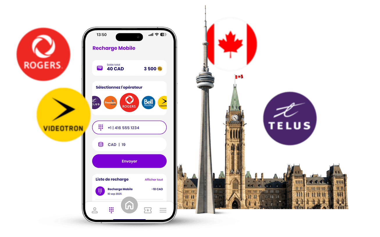 تطبيق شارجيلي للمحفظة الرقمية في كندا يعرض خدمات شحن رصيد الهاتف المحمول والدفع مع Rogers وBell وTelus، وهو عبارة عن محفظة رقمية للتكنولوجيا المالية لإجراء مدفوعات آمنة وإعادة شحن الرصيد بالدولار الكندي.