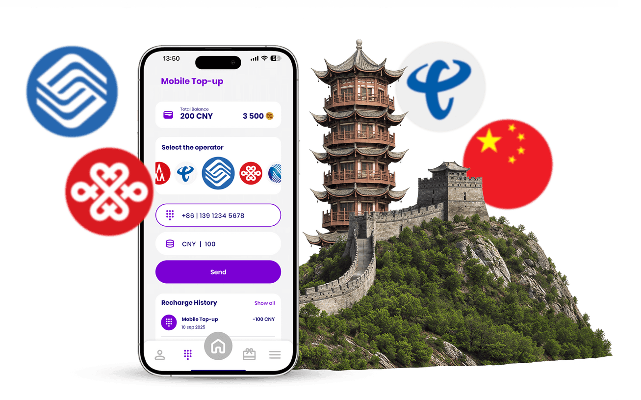 Chargily digital wallet app in China showing mobile credit top-up and payment services with China Mobile, China Unicom and China Telecom, fintech mobile wallet for secure payments and balance recharge in Chinese yuan.
