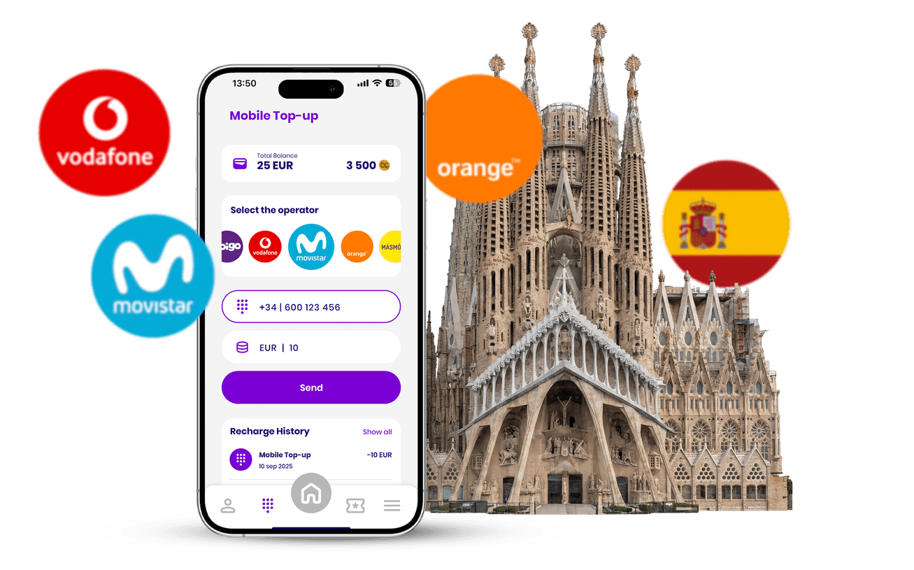 تطبيق شارجيلي للمحفظة الرقمية في إسبانيا يعرض خدمات شحن رصيد الهاتف المحمول والدفع مع Movistar و Vodafone Spain و Orange Spain، وهو عبارة عن محفظة رقمية للتكنولوجيا المالية للدفع الآمن وإعادة شحن الرصيد باليورو.