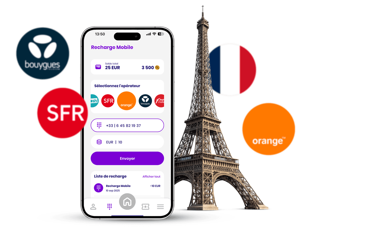 تطبيق شارجيلي للمحفظة الرقمية في فرنسا يعرض خدمات شحن رصيد الهاتف المحمول والدفع مع Orange وSFR وBouygues Telecom، وهو عبارة عن محفظة رقمية للتكنولوجيا المالية للدفع الآمن وإعادة شحن الرصيد باليورو.