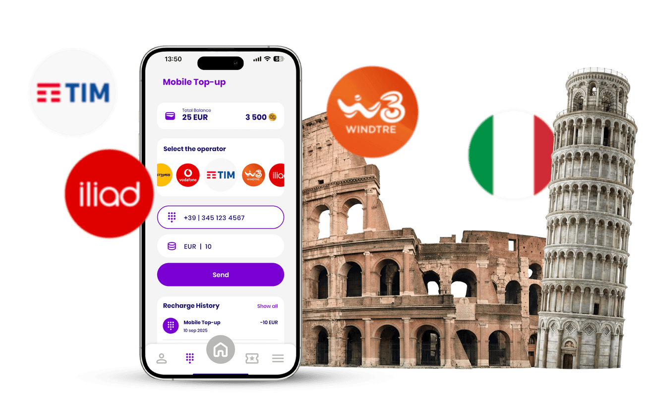 Chargily digital wallet app in Italy showing mobile credit top-up and payment services with TIM, Vodafone Italy and WindTre, fintech mobile wallet for secure payments and balance recharge in euros.