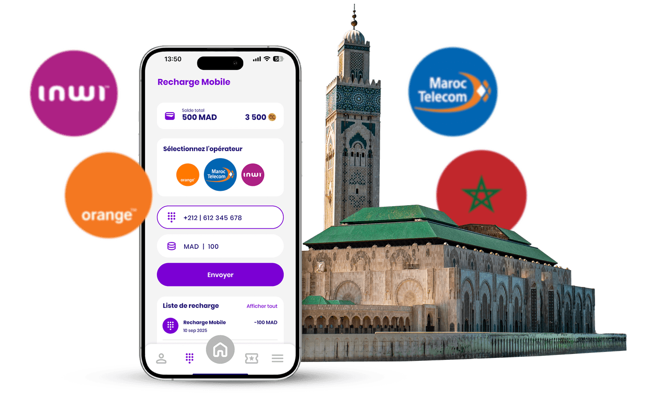 تطبيق شارجيلي للمحفظة الرقمية في المغرب يعرض خدمات شحن رصيد الهاتف المحمول والدفع مع Maroc Telecom و Orange Maroc و Inwi، وهي محفظة رقمية للدفع الآمن وإعادة شحن الرصيد بالدرهم المغربي.