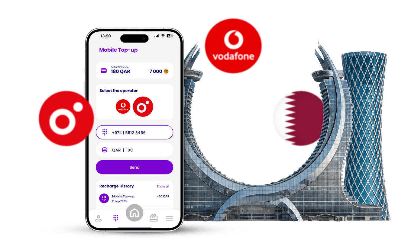 Chargily digital wallet app in Qatar showing mobile credit top-up and payment services with Ooredoo Qatar and Vodafone Qatar, fintech mobile wallet for secure payments and balance recharge in Qatari riyal.