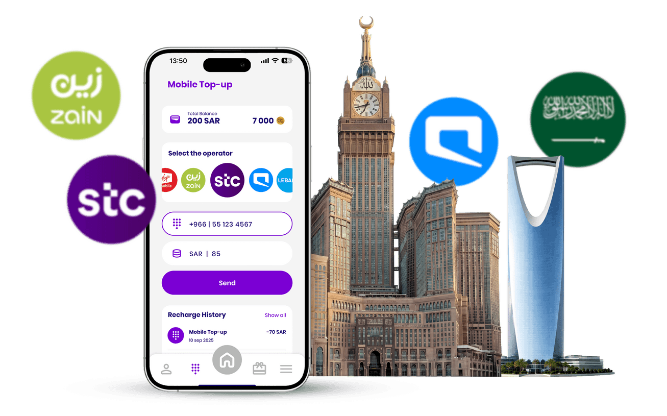 تطبيق شارجيلي للمحفظة الرقمية في المملكة العربية السعودية يعرض خدمات شحن رصيد الهاتف المحمول والدفع مع STC و Mobily و Zain، وهو محفظة رقمية للتكنولوجيا المالية للدفع الآمن وإعادة شحن الرصيد بالريال السعودي.