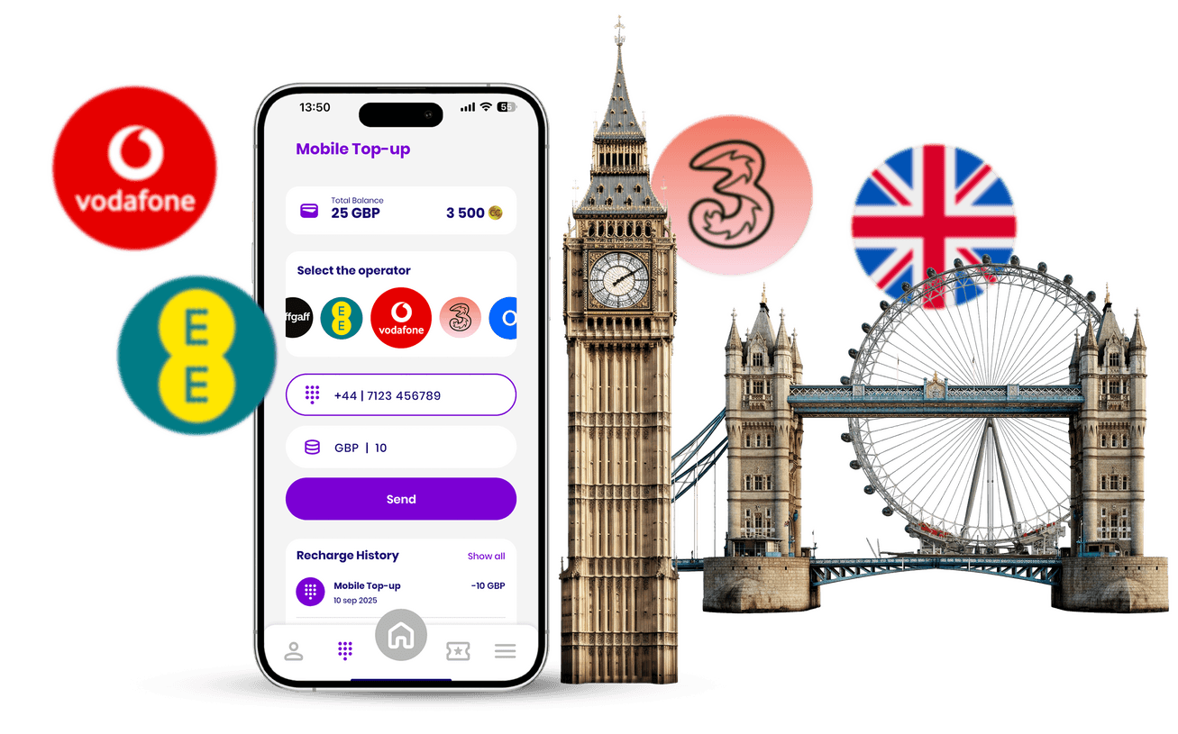 تطبيق شارجيلي للمحفظة الرقمية في المملكة المتحدة يعرض خدمات شحن رصيد الهاتف المحمول والدفع مع EE و O2 و Vodafone UK، وهو محفظة رقمية للتكنولوجيا المالية للدفع الآمن وإعادة شحن الرصيد بالجنيه البريطاني.