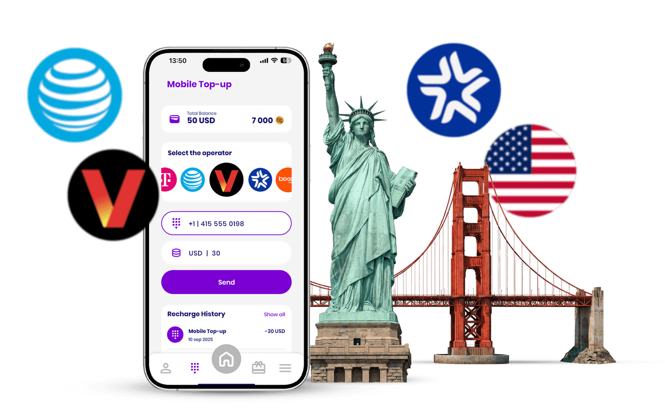 Chargily digital wallet app in the United States showing mobile credit top-up and payment services with Verizon, AT&T and T-Mobile, fintech mobile wallet for secure payments and balance recharge in US dollars.