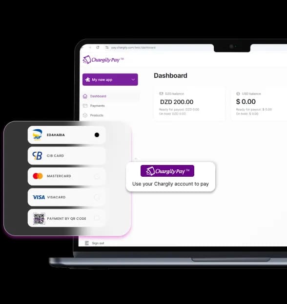 شاشة لوحة التحكم في تطبيق Chargily تعرض وسائل الدفع المتاحة مثل بطاقتَي edahabia وcib وvisa وmastercard ورمز الاستجابة السريعة